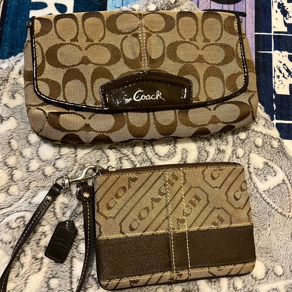 SOLD/DUPLICATE—Coach brown/tan wristlet and wallet